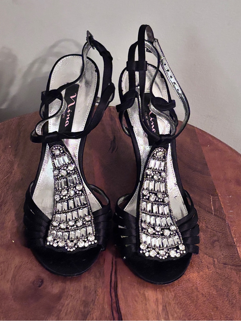 Nina Black Crystal T-Strap Ballroom Dance Shoes / Dress Heels / Sandals